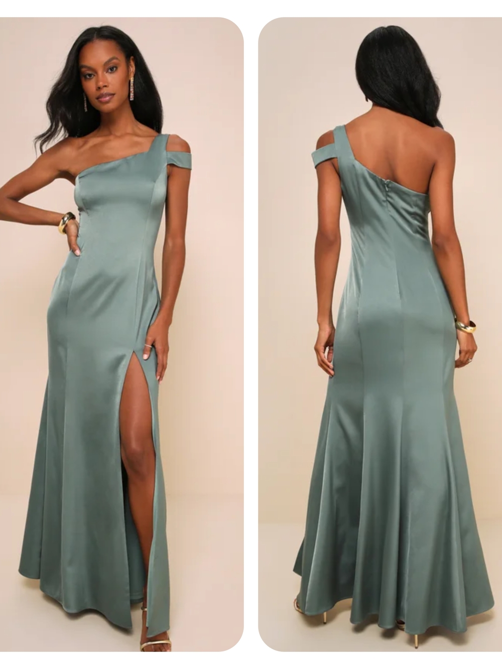Lulus Gliding Beauty Sage Green Satin One Shoulder Cutout Formal Slit Maxi Dress